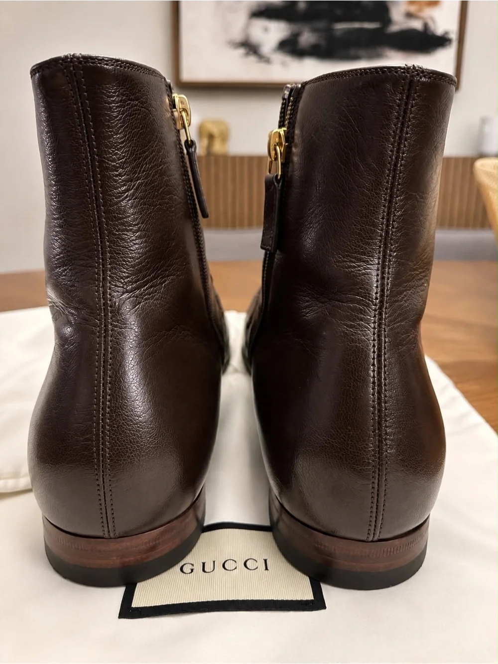 Gucci Brown Leather Men’s Ankle Chukka Boots with Green-Red Web & Gold Double G.